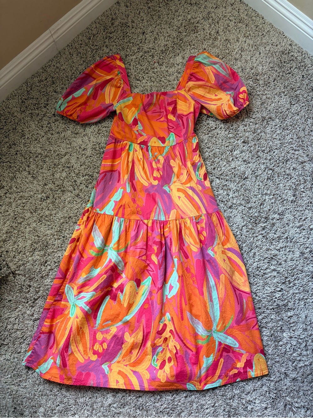 Orange Dopamine Tropical Puff Sleeve Tiered Cotton Resortwear Maxi Dress size X